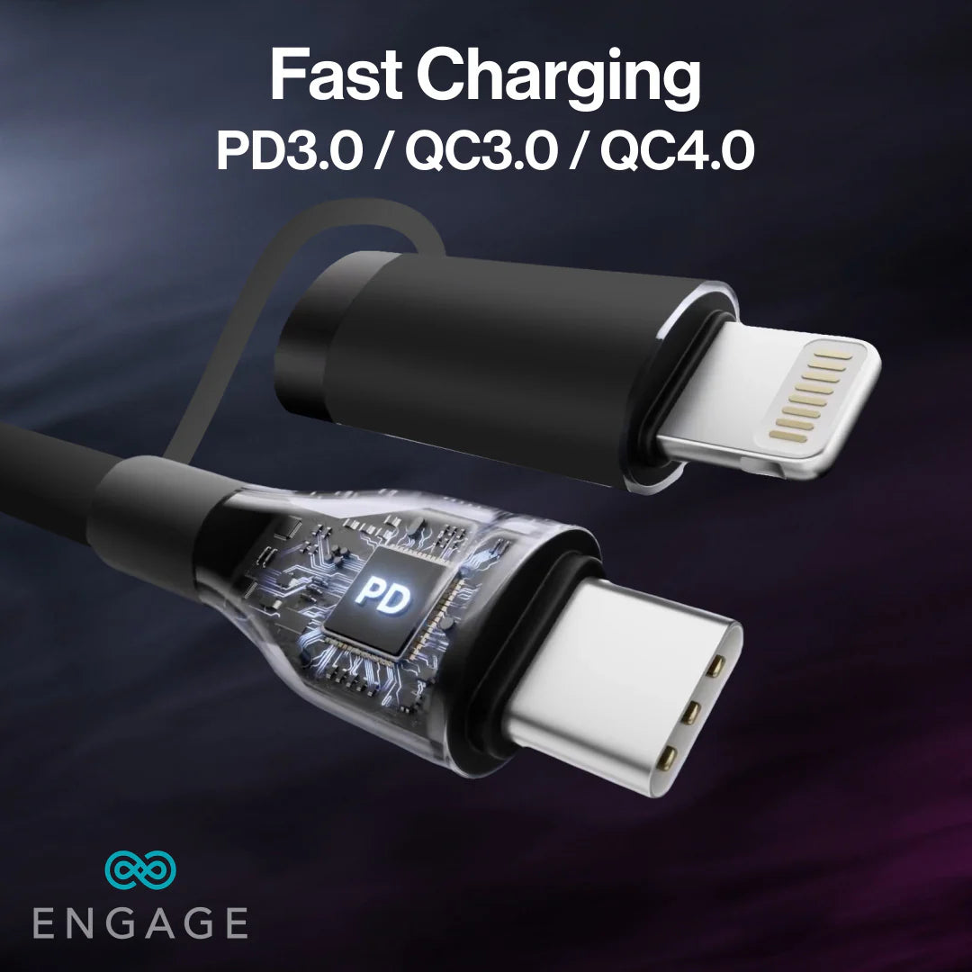 Engage, Super Soft Silicone, USB-C to USB-C Cable with Lightning Adapter - Black - Image 4