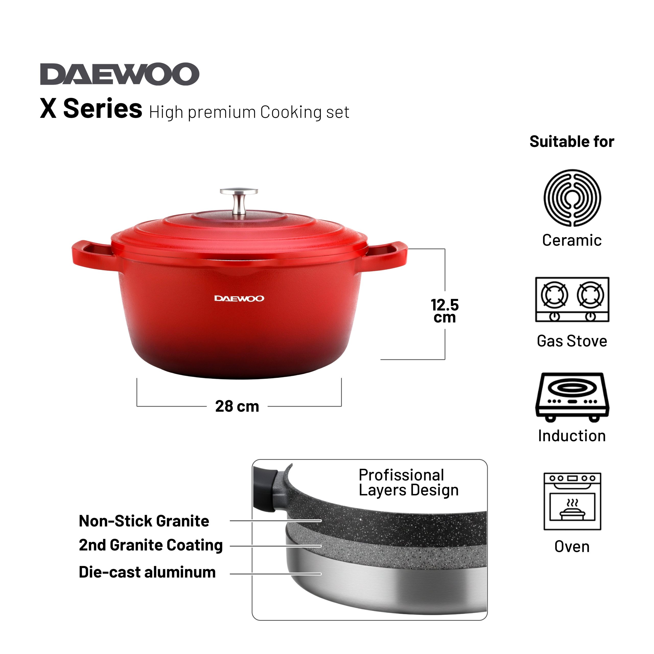 Daewoo Granite Casserole with Lid - Size 28 cm - Red - Default Title - Image 3