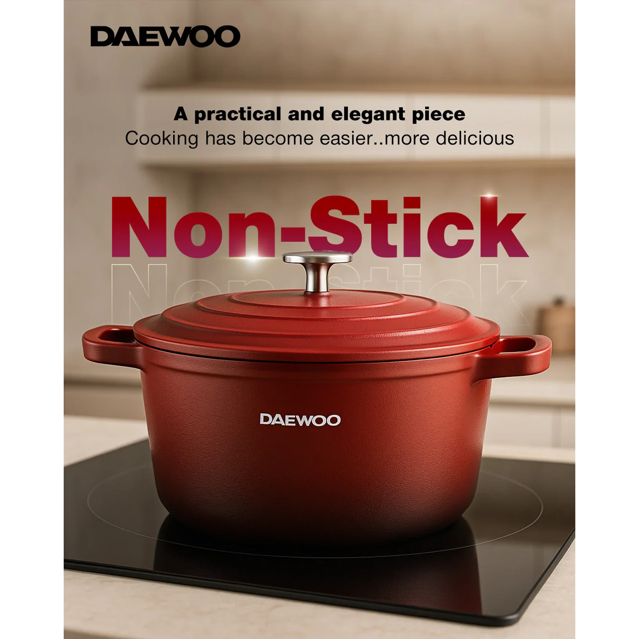 Daewoo 28 cm Shallow Granite Casserole with Lid - Red - Default Title - Image 8