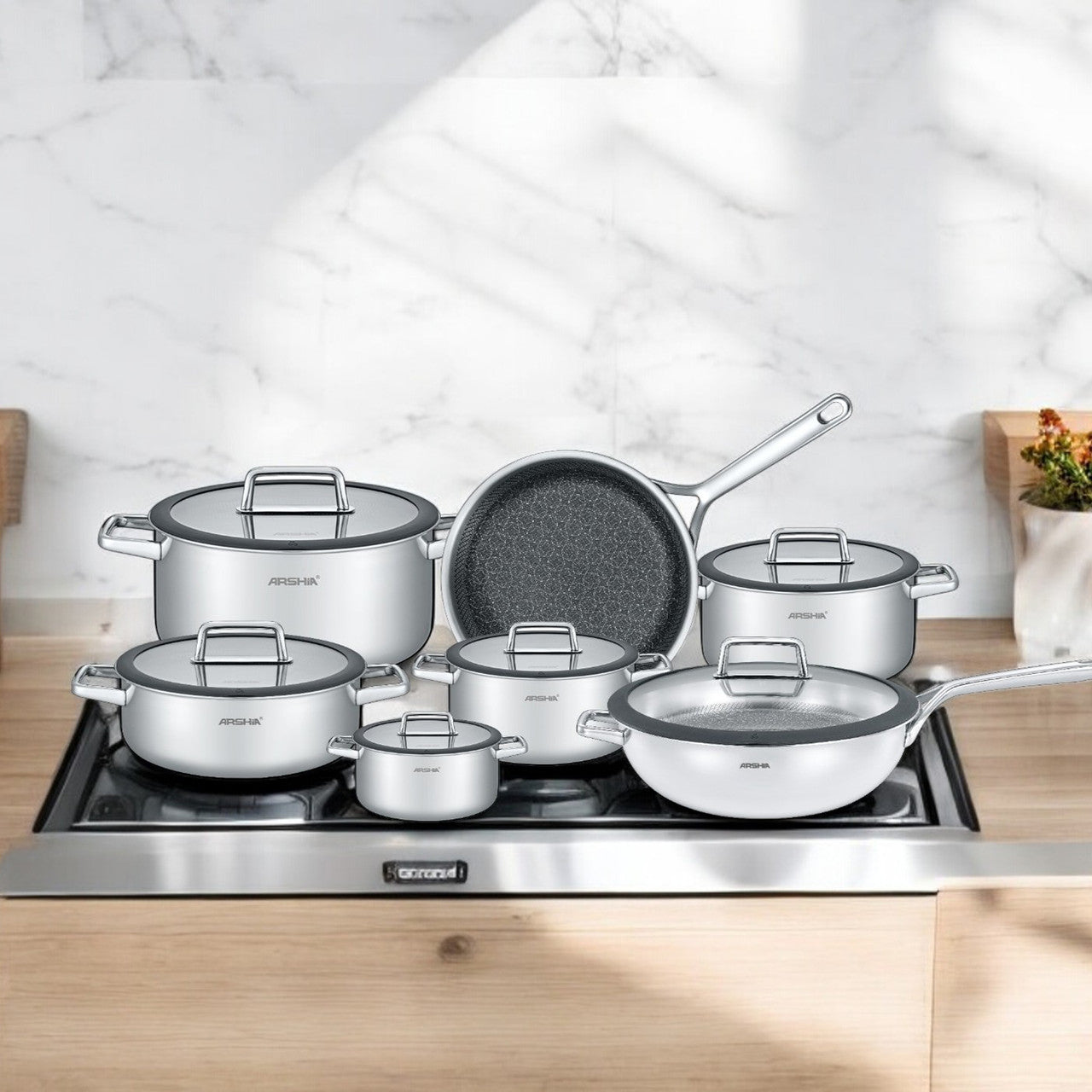 Arshia SS050-3343, 13-Piece Tri-Ply Stainless Steel Cookware Set - Silver - Image 3