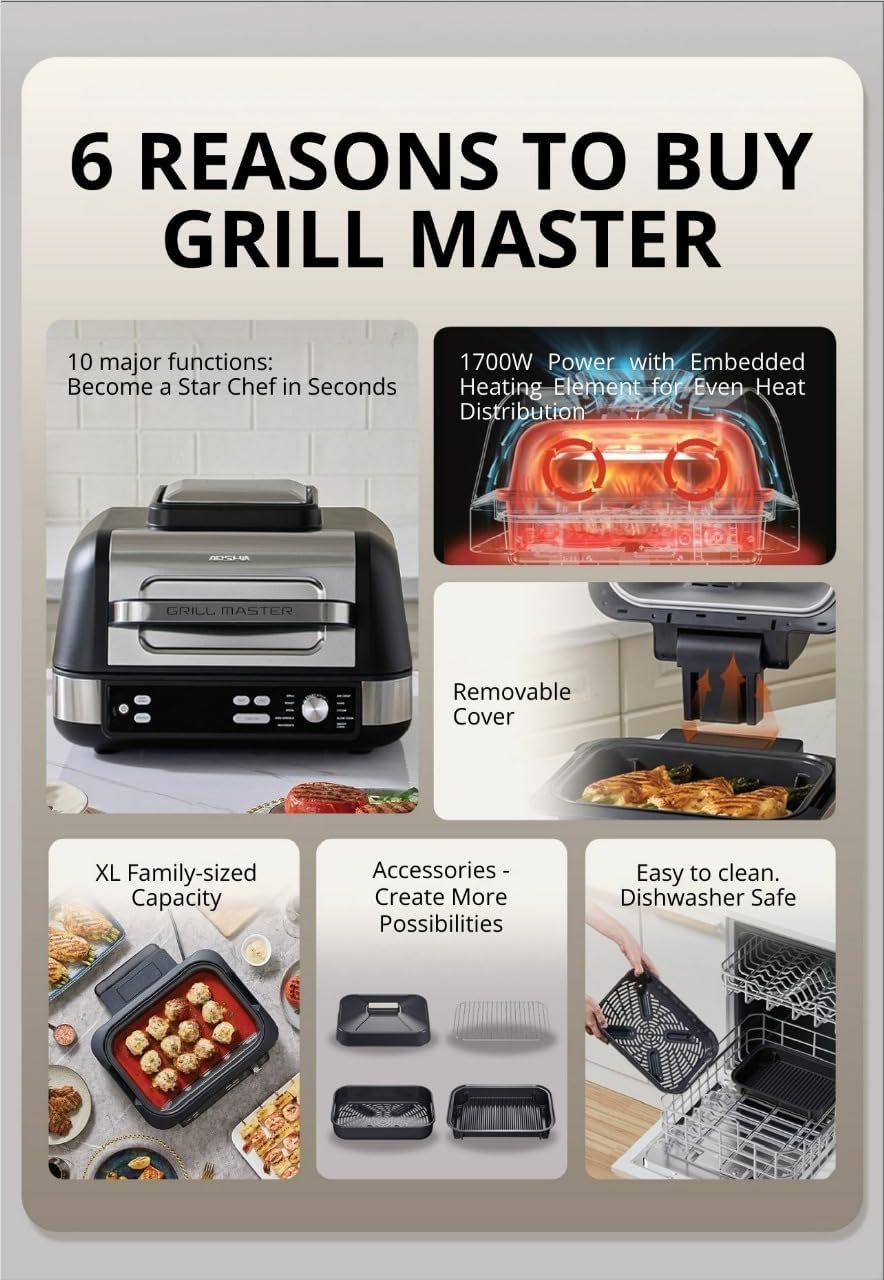 Arshia GM498-3305BS, 10-in-1 Air Fryer Grill Master 1750W – 10L XL Capacity - Black - Image 11
