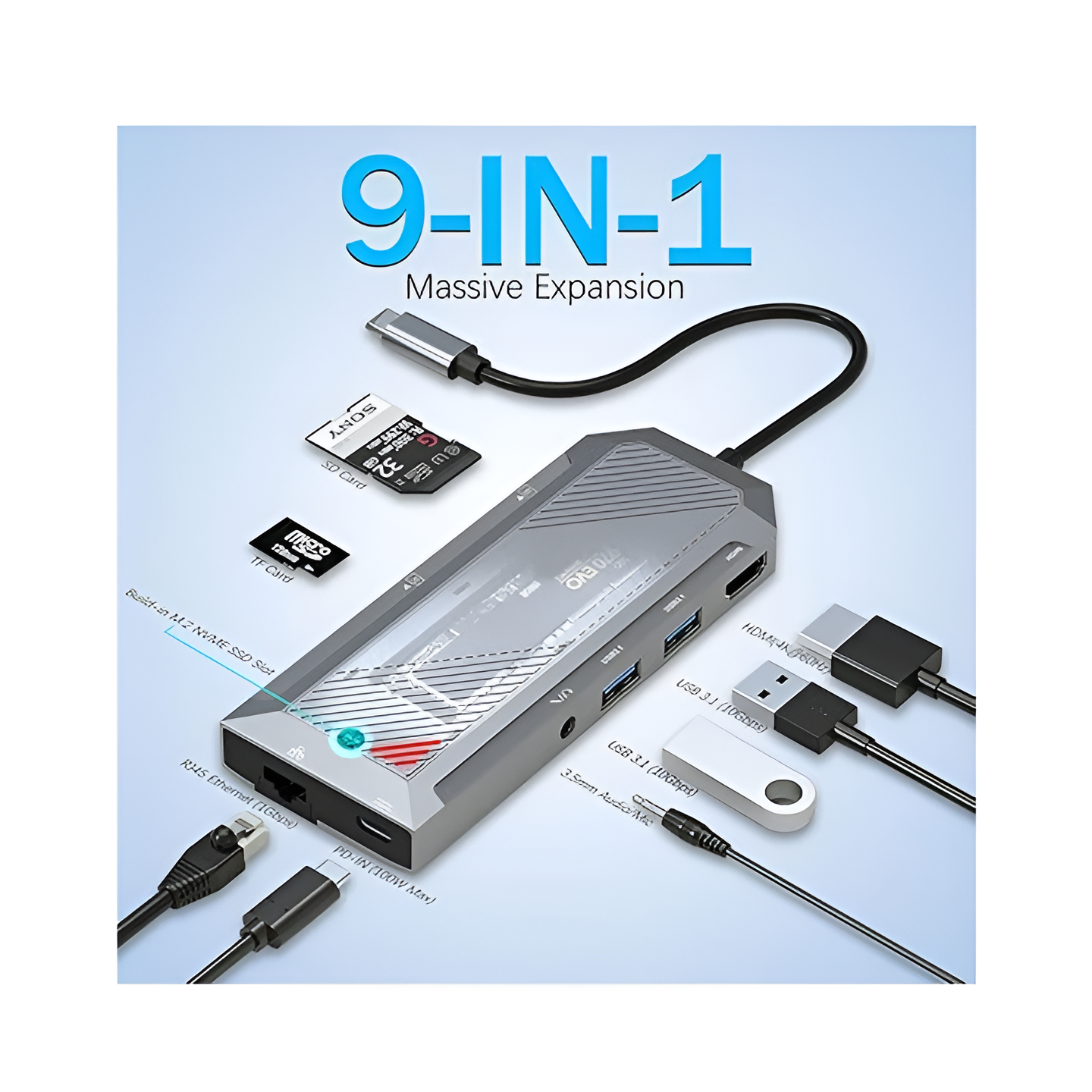 Redragon UCA 9-Port USB-C Hub - Black - Black - Image 3