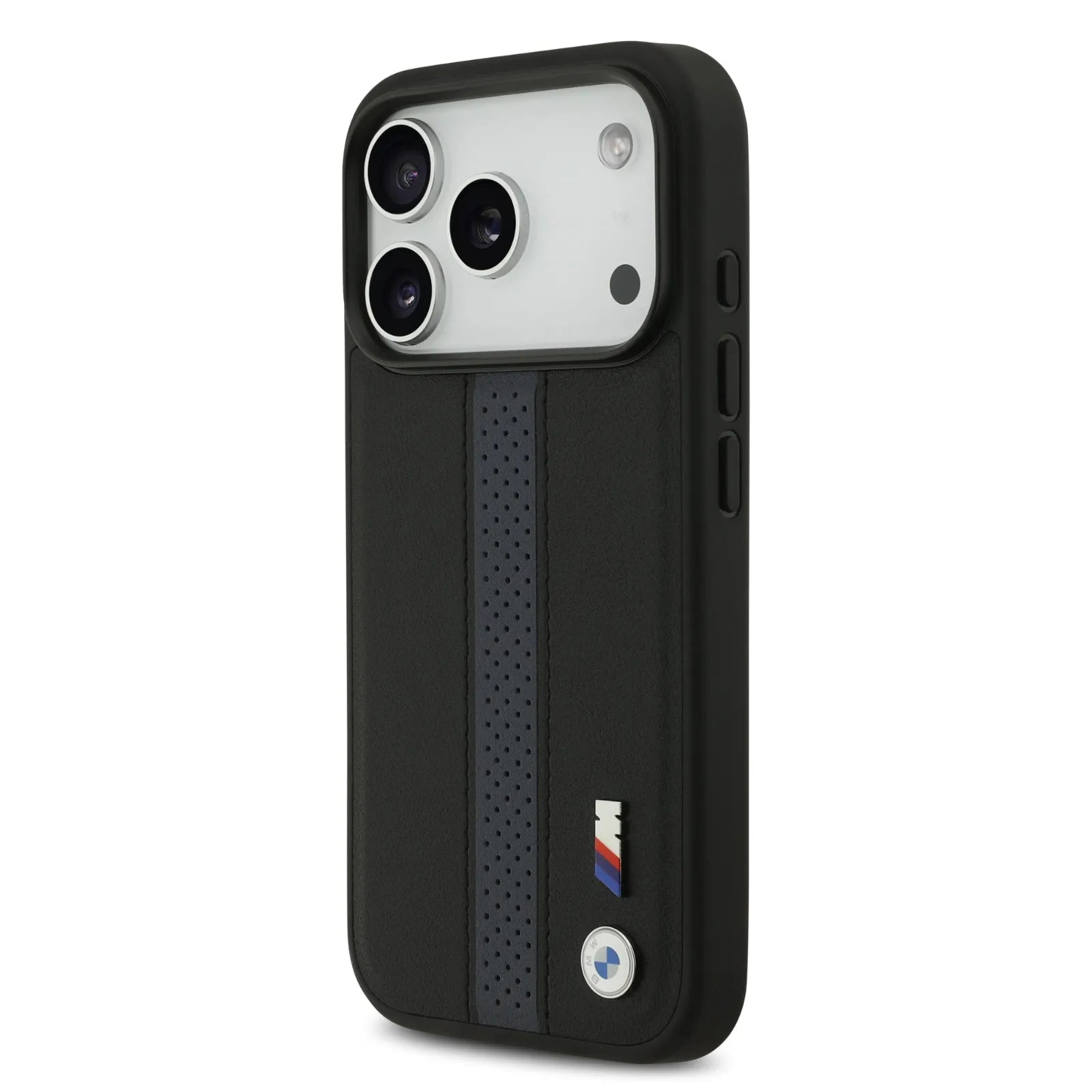 BMW, PU Leather Case with Perforated Stripes & Metal Logos, iPhone 17 Pro - Navy/Black - Image 4