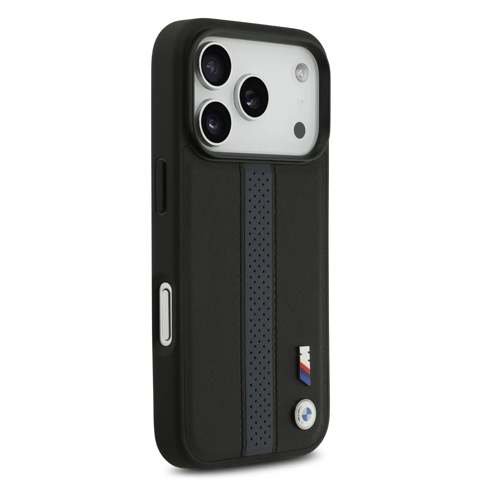 BMW, PU Leather Case with Perforated Stripes & Metal Logos, iPhone 17 Pro - Navy/Black - Image 3