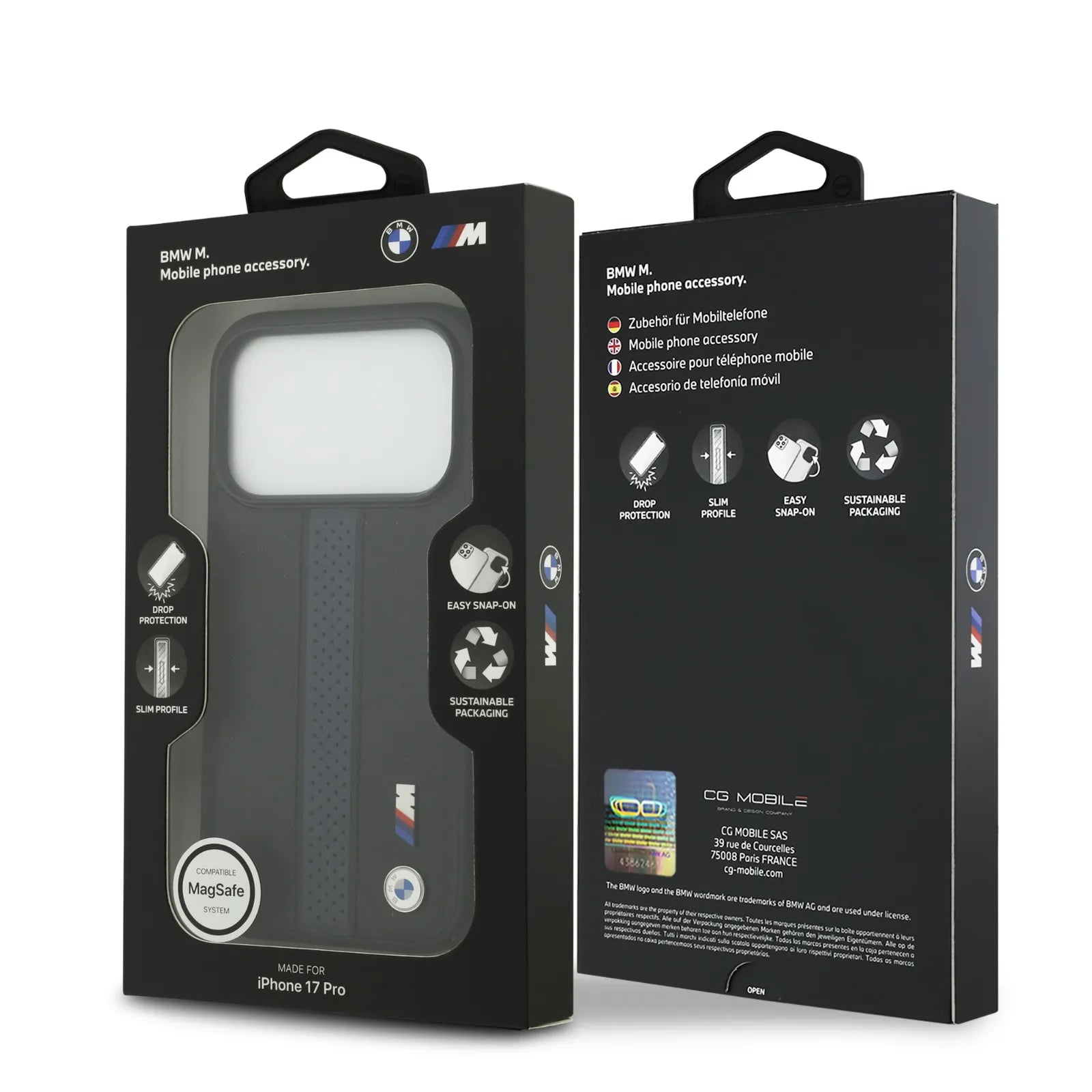 BMW, PU Leather Case with Perforated Stripes & Metal Logos, iPhone 17 Pro - Navy/Black - Image 8