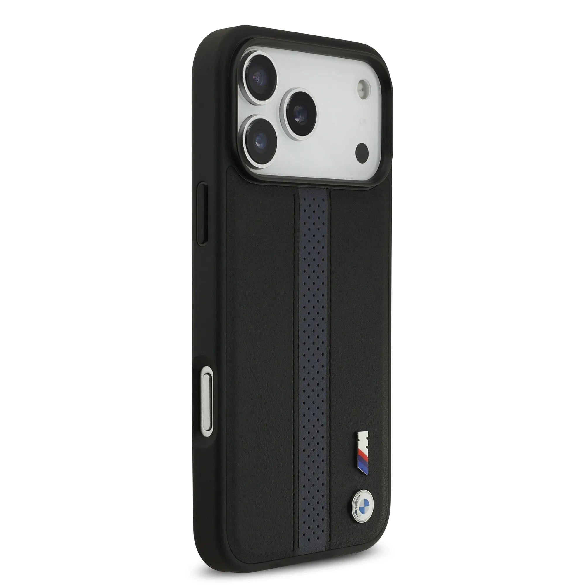 BMW, PU Leather Case with Perforated Stripes & Metal Logos, iPhone 17 Pro Max - Navy/Black - Image 3