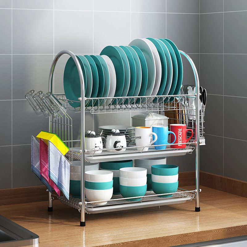 3-Tier Stainless Steel Dish Draining Rack with Mug Holder & Cutlery Drainer - Default Title - Image 3