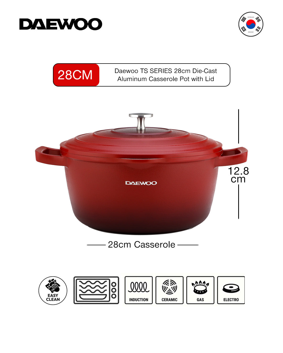 Daewoo Granite Casserole with Lid - Size 28 cm - Red - Default Title - Image 5