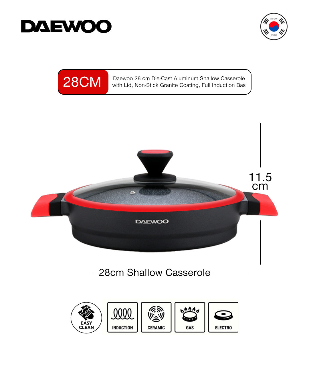 Daewoo 28 cm Shallow Granite Casserole with Lid - Red/Black - Default Title - Image 3