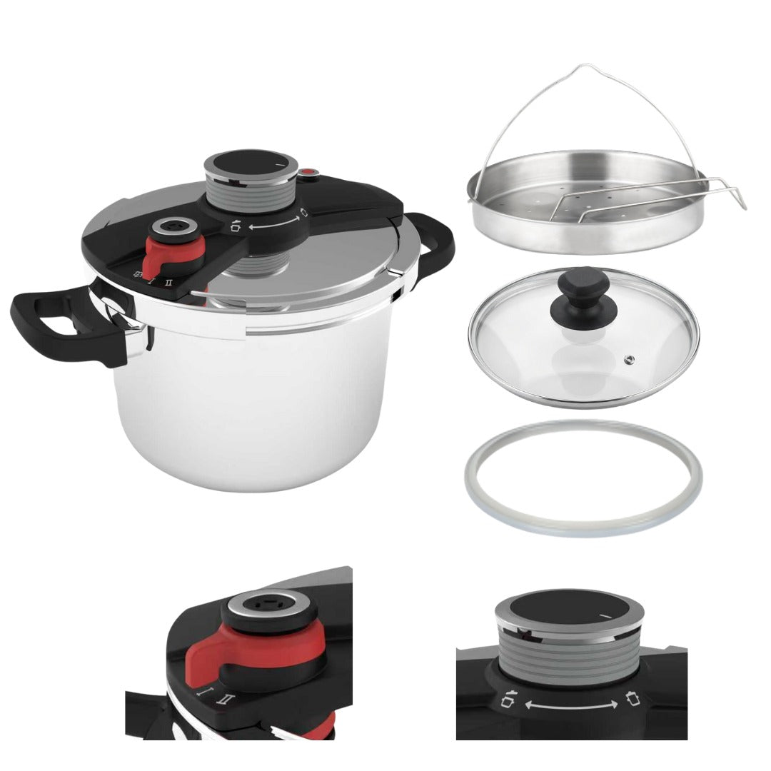 Daewoo 3-In-1 304  Stainless Steel Pressure Cooker 8L: [Save 70% Time] [3 PSI Settings], One-Hand Locking, Induction Compatible, Glass Lid & Steamer Rack Included - Default Title - Image 2