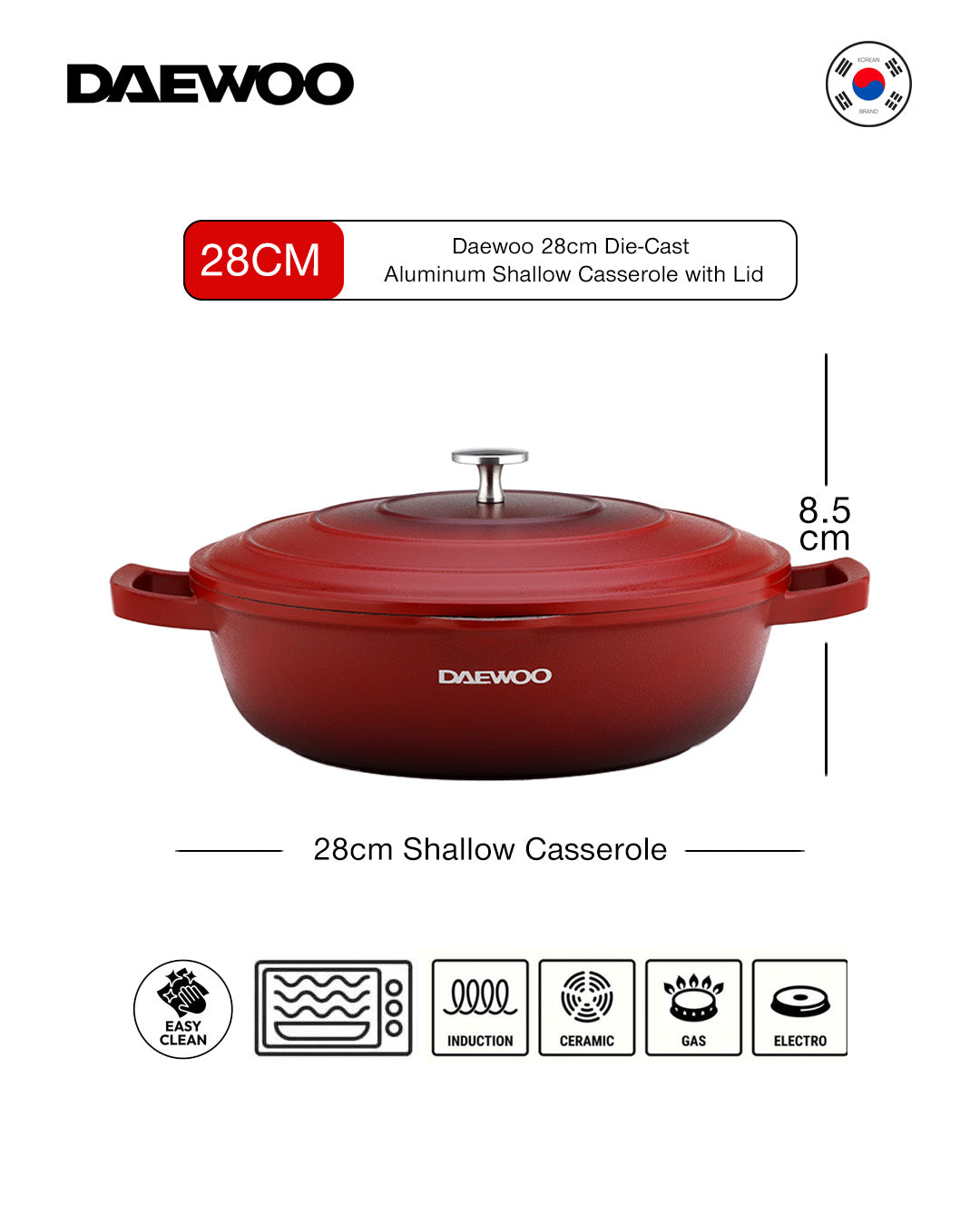 Daewoo 28 cm Shallow Granite Casserole with Lid - Red - Default Title - Image 4