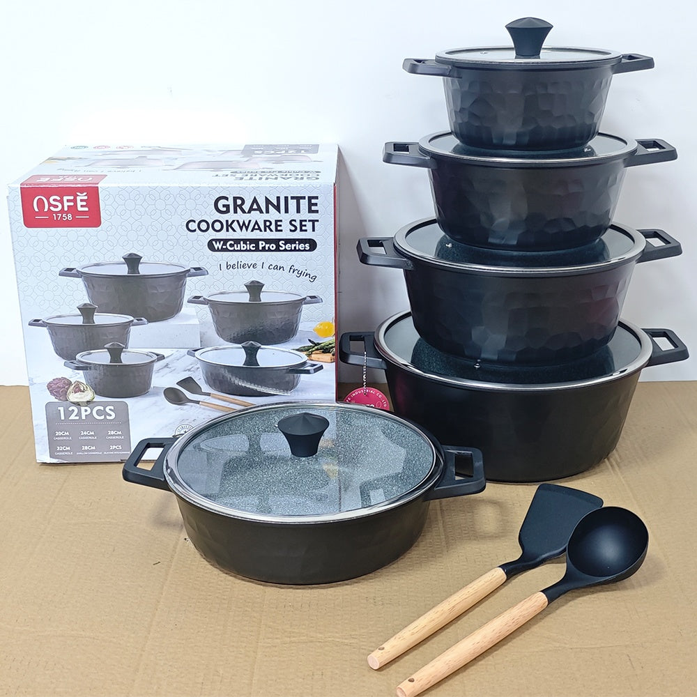 OSFE Granite Cookware Set 12 Pcs (32, 28, 24, 20cm Casserole, 28cm Shallow Casserole, 2 Pcs Kitchen Tools) - Default Title - Image 3
