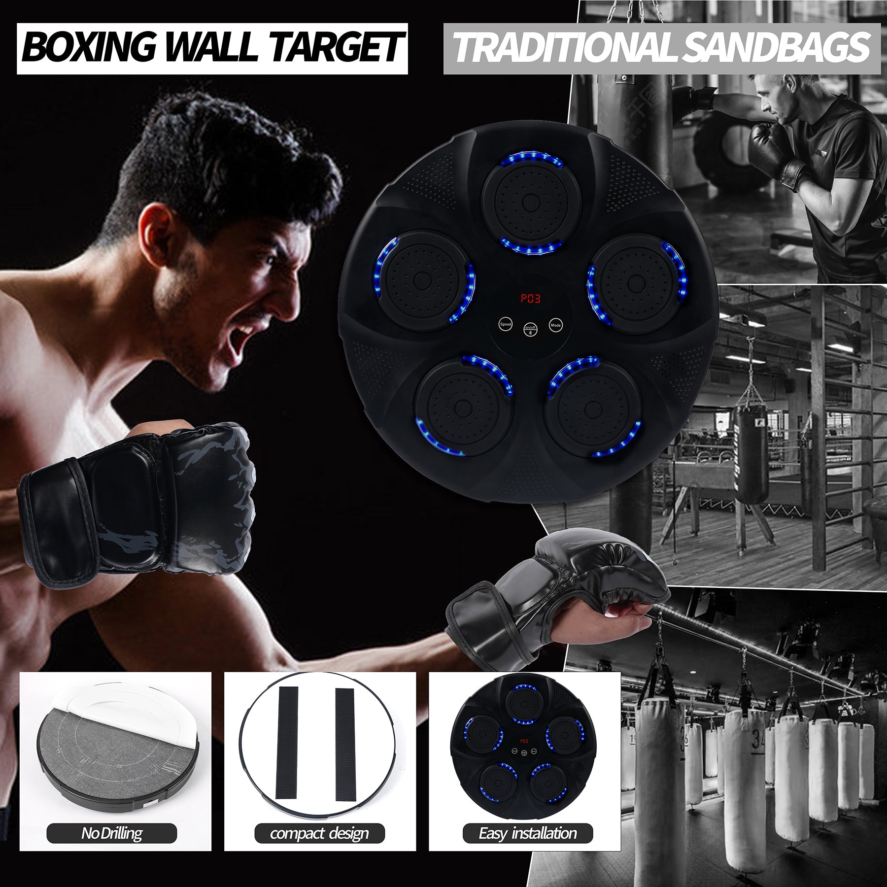 Black Bull Music Boxing Machine, Rechargeable Boxing Equipment, Home Smart Boxing Target Workout Machine Digital Boxing for Kids and Adults - Default Title - Image 4