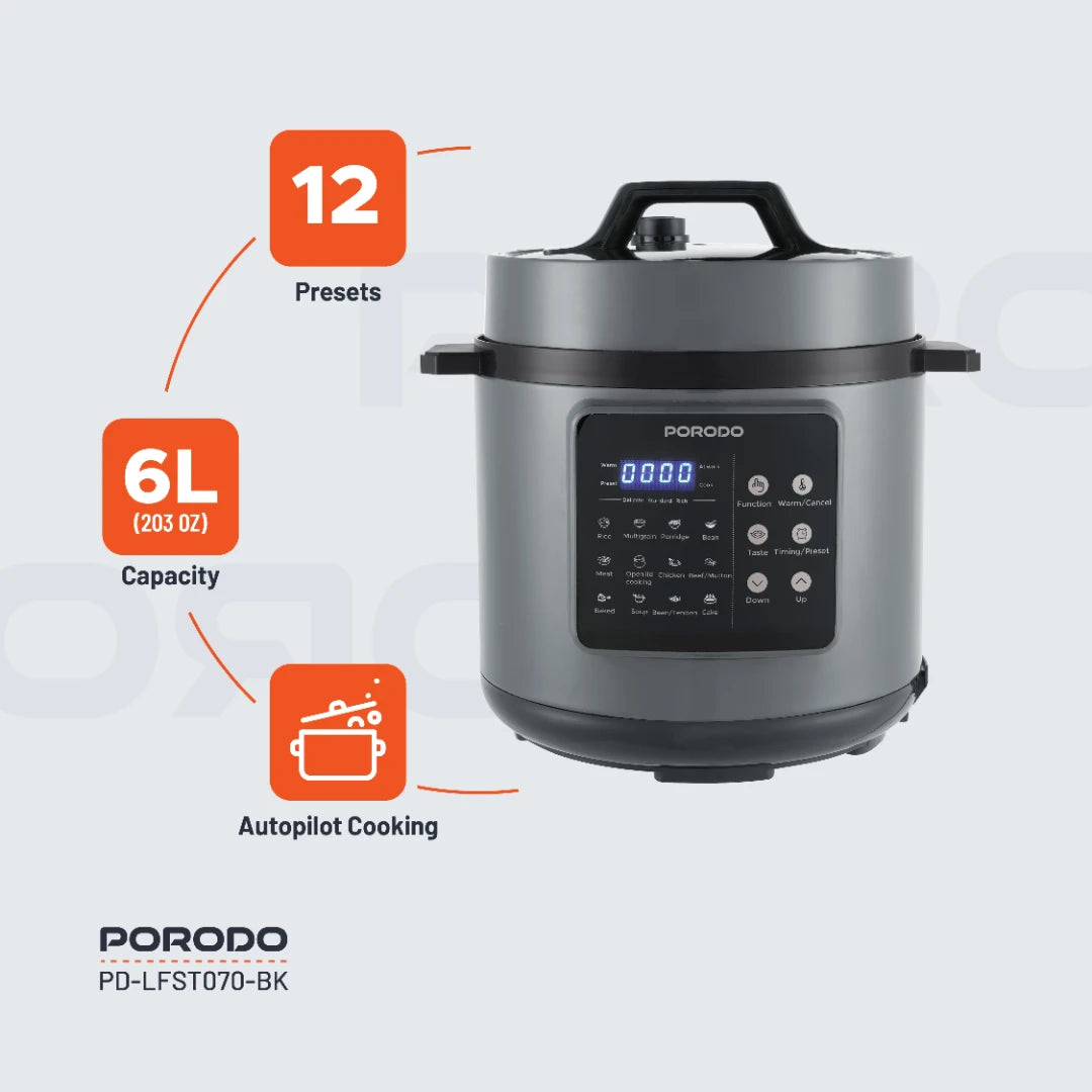 Porodo Lifestyle 1300W Multi-Cuisine Pressure Cooker, 6L – Black - Default Title - Image 3