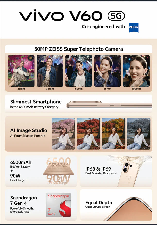 Vivo V60 5G – 6.77″ AMOLED, 12GB RAM, 256GB Storage, Snapdragon 7 Gen 4, 6500mAh Battery - Mist Gray - Image 5