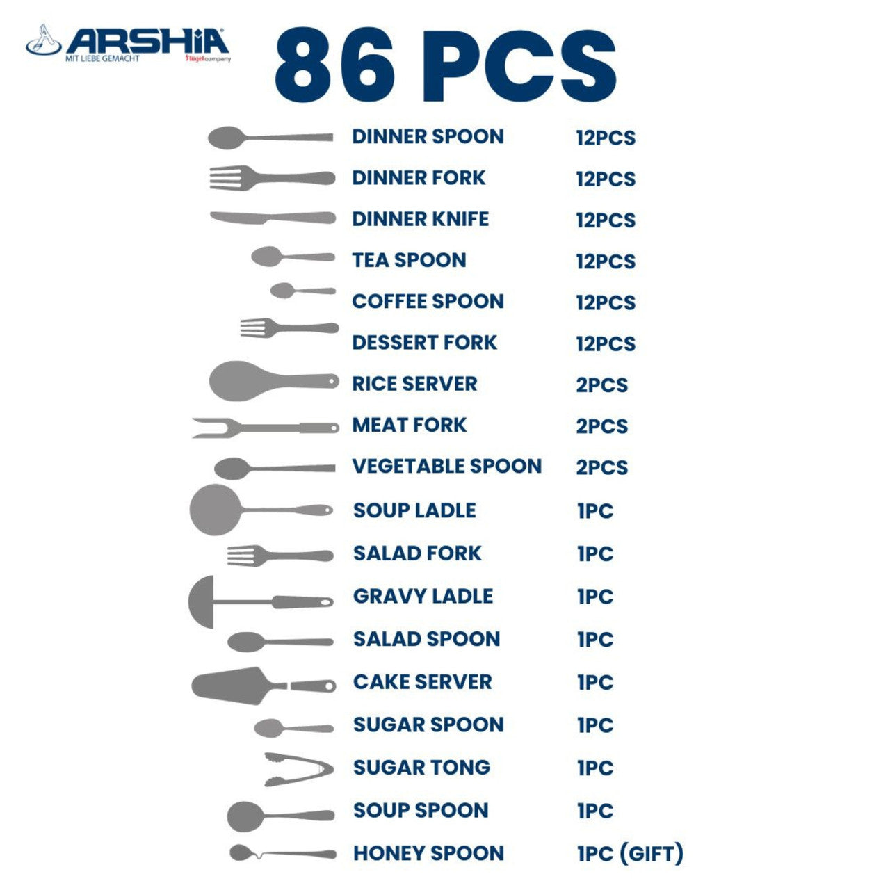 Arshia TM1401G-2360, Premium Stainless Steel Cutlery Set - 86pcs - Gold - Image 4