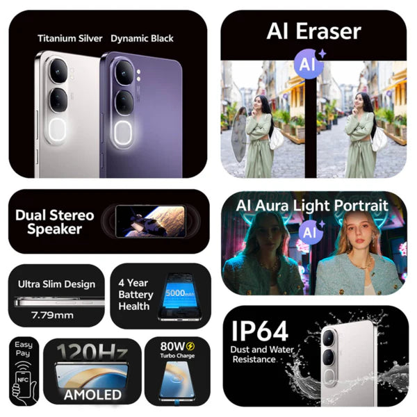 vivo V40 Lite 5G – 6.67-inch 120Hz AMOLED Display, 12GB RAM + 12GB Extended, 256GB Storage, 80W Fast Charging - Titanium Silver - Image 4