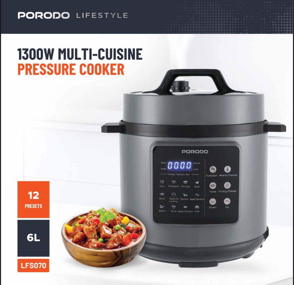 Porodo Lifestyle 1300W Multi-Cuisine Pressure Cooker, 6L – Black - Default Title - Image 10