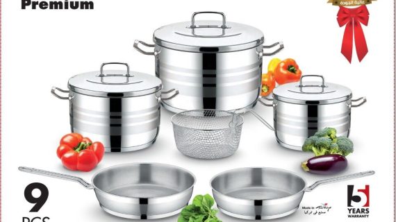 Saflon Stainless Steel Premium Cookware Set 9 Pieces Pots 20+24 +28 cm + Frypan 20+24 cm + Stainless Steel Basket 22 cm