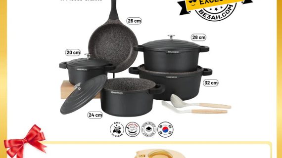 Daewoo AS Series Granite Cooking Set of 11 Pcs (32,28,24 cm Pot, 26 cm Pan, 20 cm Casserole) with 8 Pcs Silicone Pot Handle and Food Warmer 6 L