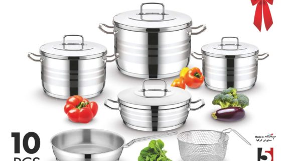 Saflon Stainless Steel Premium Cookware Set 10 Pieces Pots 20+24 +28 cm + 26cm Shallow Pot + 26cm Frypan + Stainless Steel Basket 22 cm