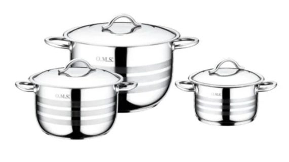 OMS 6 Pieces 24cm, 26cm, 30cm Stainless Steel Cookware Set With Lids Made in Turkey