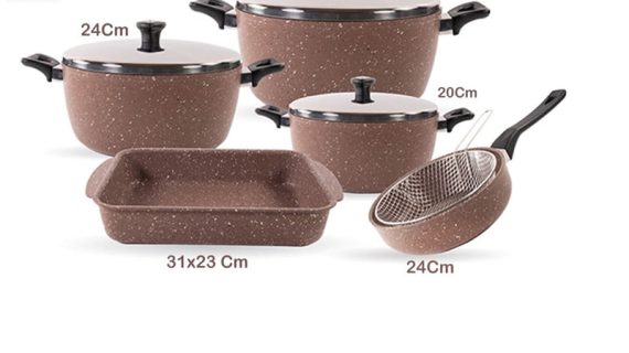 Saflon Granite 9‑Piece Cookware Set, Non‑Stick Pots & Pans (28, 24, 20 cm Pots, 24 cm Pan, 31 cm Tray, Strainer)