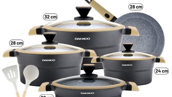 Daewoo X Series 11 Pcs Granite Cooking Set 32,28,24 cm Pot, 28 cm Pan, 28 cm Casserole, 2 Pcs of Utensil Tools - Black & Brown