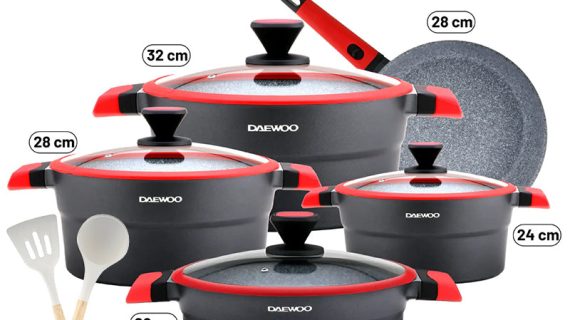 Daewoo X Series 11 Piece Granite Cooking Set (32,28,24 cm Pot, 28 cm Pan, 28 cm  Casserole), 2 Pcs of Utensil Tools - Black/Red