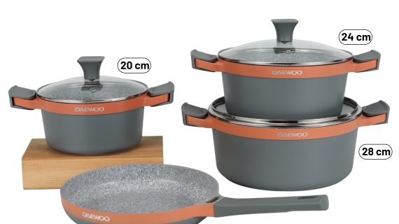 Daewoo H Series 7 Pcs Granite Cooking Set 28, 24, 20 cm Pot, 26 cm Pan with 2 Pcs of Utensil Tools