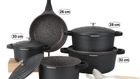 Daewoo AS Series Granite Cooking Set of 11 Pcs (32,28,24 cm Pot, 26 cm Pan, 20 cm Casserole) with 8 Pcs Silicone Pot Handle & Cooking Utensils x2