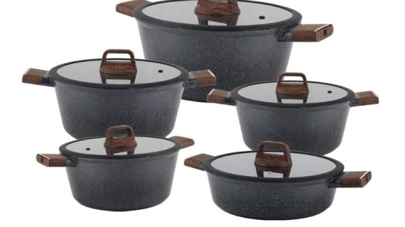 OSFE Marble Cookware Set 12 pcs (32, 28, 24, 20 cm Pots, 28 cm Pan) with 2 Pcs of Utensil Tools