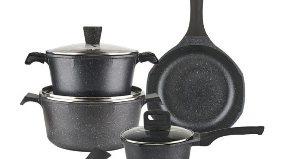 OSFE Granite Cookware Set 11 pcs (28, 20 cm Casserole, 24 cm Pan, 18 cm Saucepan, 2 Pcs Kitchen Tools ) - Dark Grey