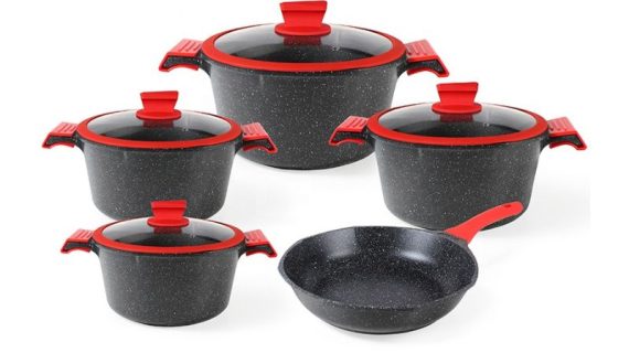 OSFE UMC Marble Cookware Set 17 Pcs (32-28-24-20 cm Pots, Pan 28 cm, and 8 Pcs Silicone Protector